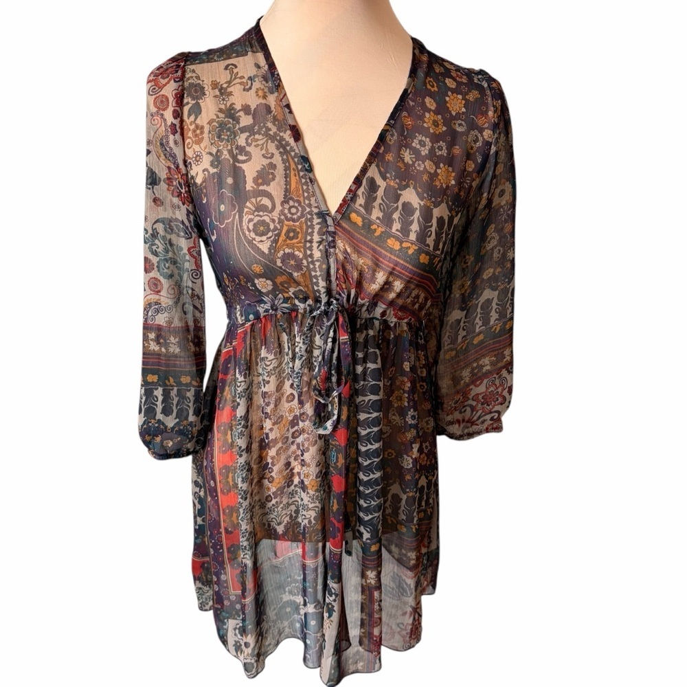 Boho Sheer Floral Tunic Top Tie Waist Peasant Blouse Festival Layering XS